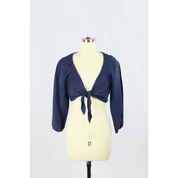 Aritzia WILFRED Venus Navy Blue Linen Blend Front Tie Blouse Top, Size XS - Picture 1 of 11